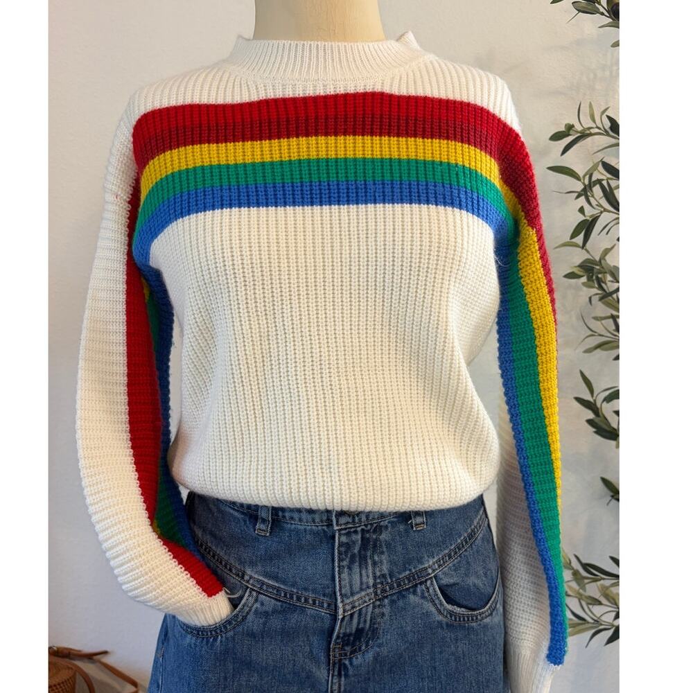 Ivy Rose Rainbow Stripe Chunky Knit Sweater Women's Medium White Colorblock